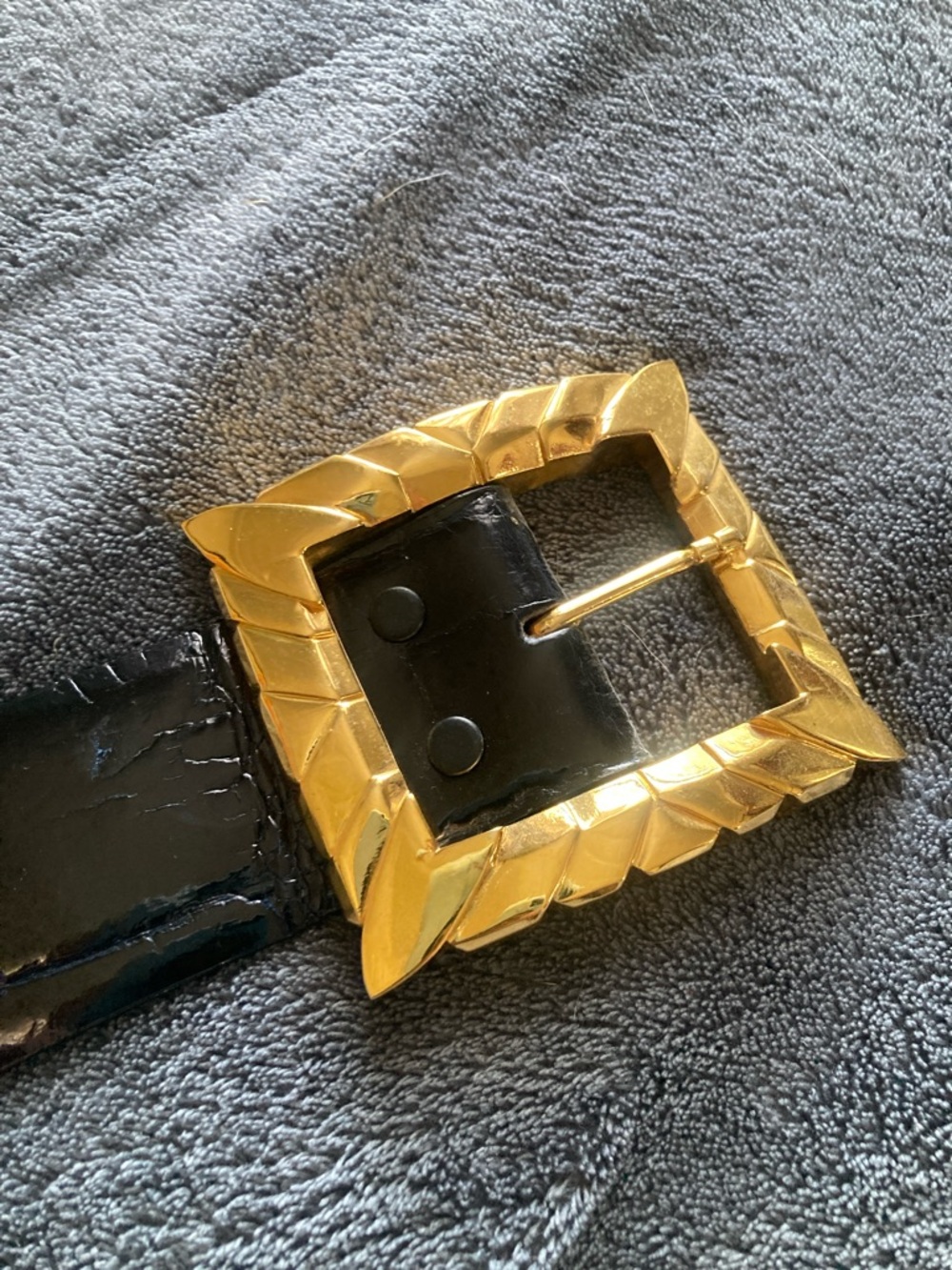 Black American alligator Belt with Sculpted Gold Buckle